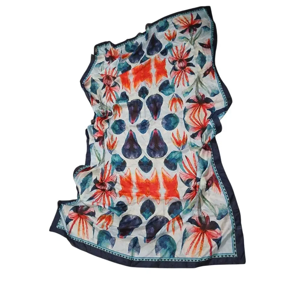 100% SILK‎ Scarf Vietri Milano Long Wrap 41x69 Blue Colorful Modern Art Tropical